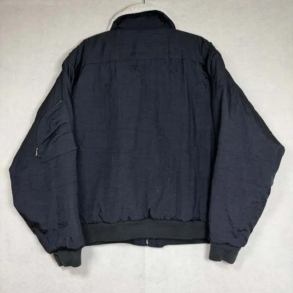 VINTAGE Unbranded Flight Bomber Jacket Mens L Black Sherpa Collar Repairs